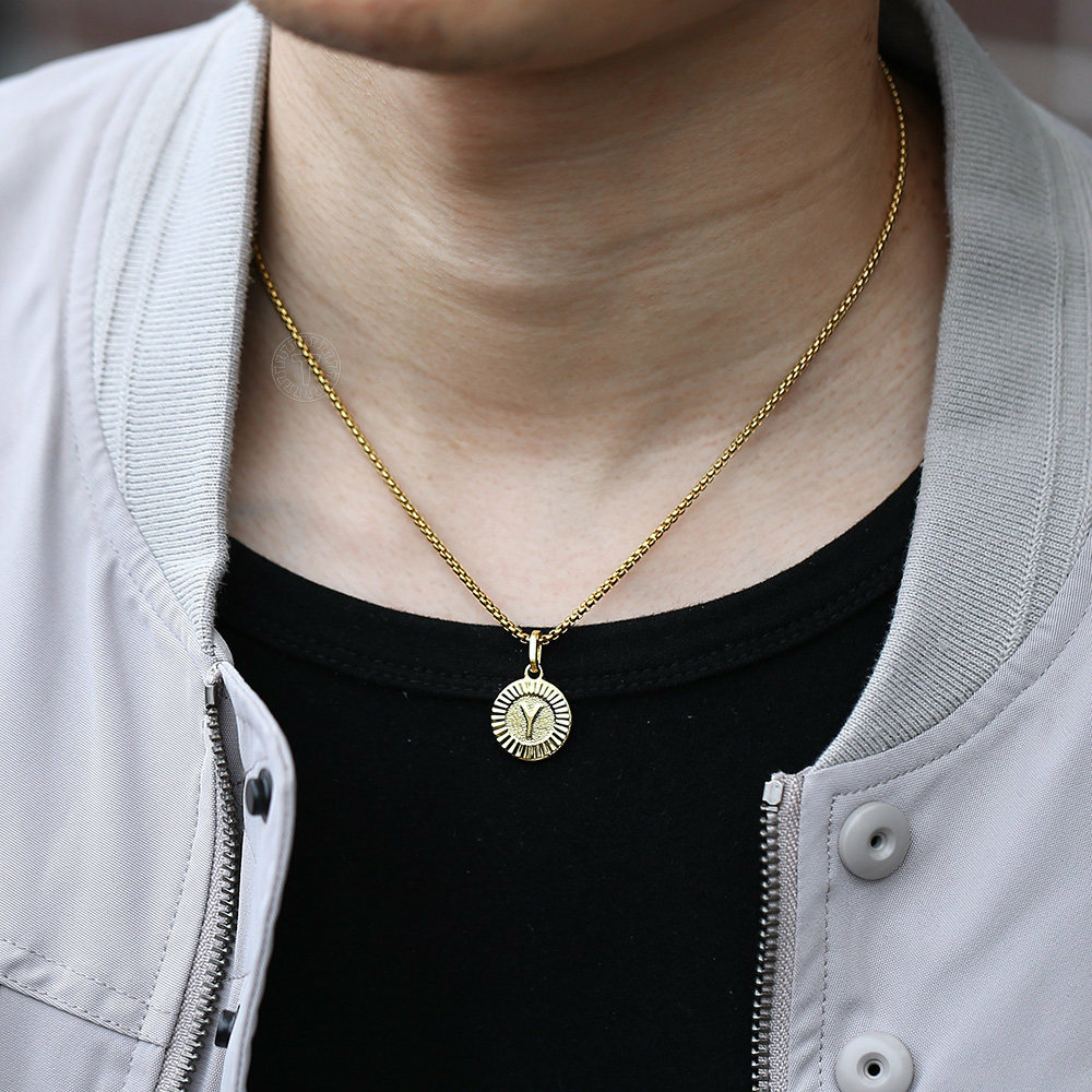 Round Gold Plated Initial Letter Necklace Pendant Stainless Steel 18/20/22″ Link
