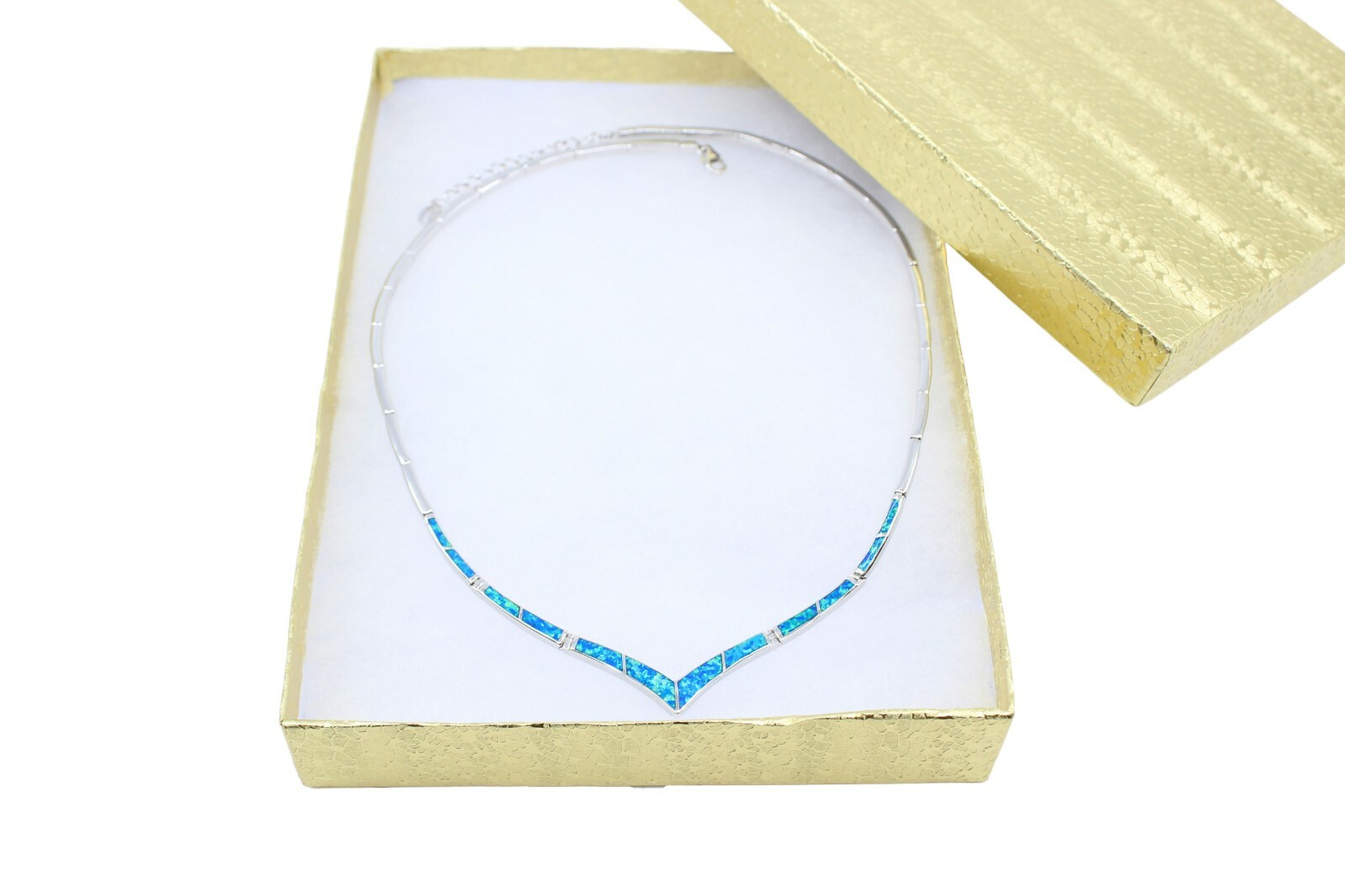 925 Sterling Silver V Necklace w Lab-Created Opal Blue Inlay – Rhodium Plated, S