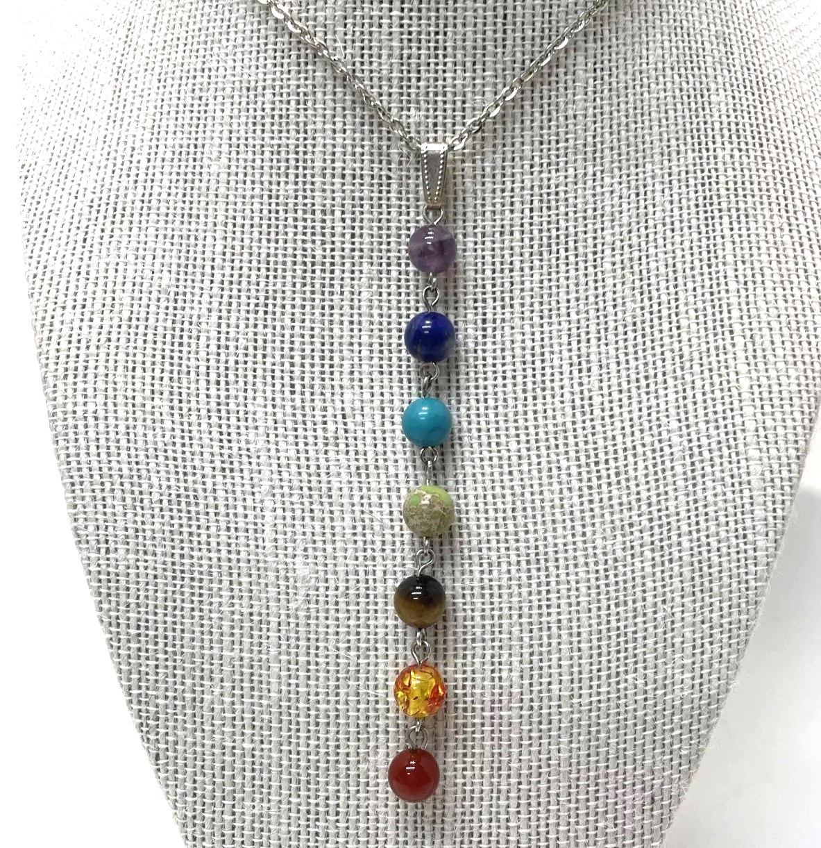Natural Chakra Bead 7 Gem Stone Drop Necklace Adjustable 17-20” Silvertone.