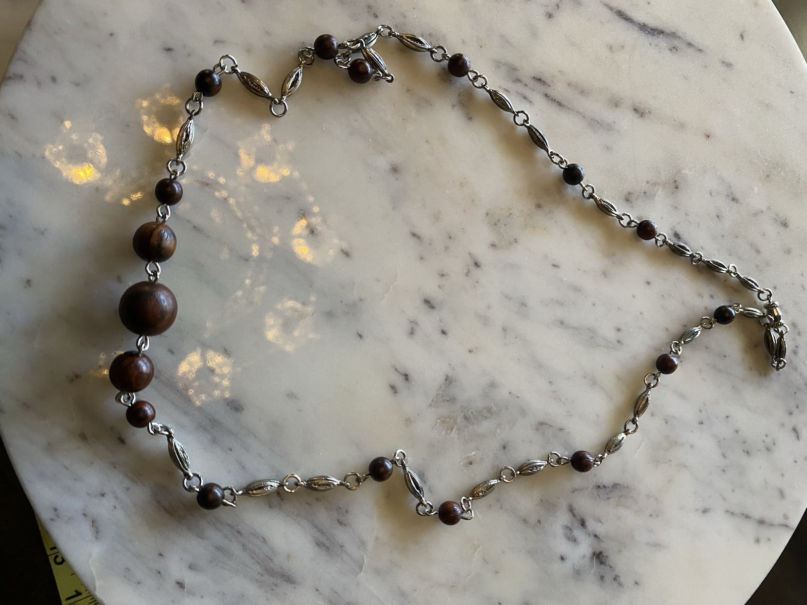 Vintage Brown Wood Bead & Silver Link Chain Necklace, Metal, No Stone, 15 in