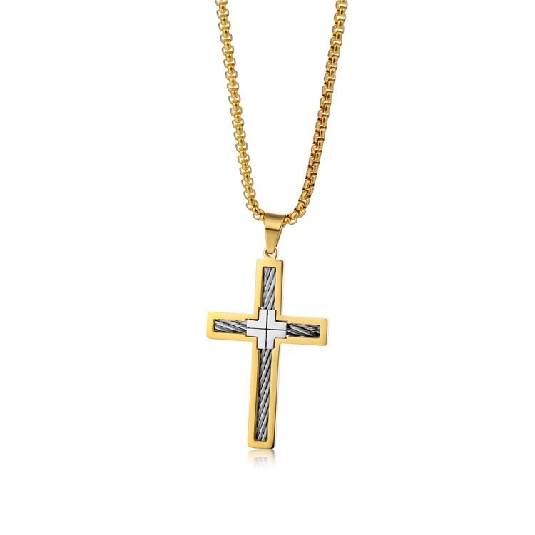 Mens Titanium Steel Cross Necklace Geometric Crucifix Pendant Gold Black Silver