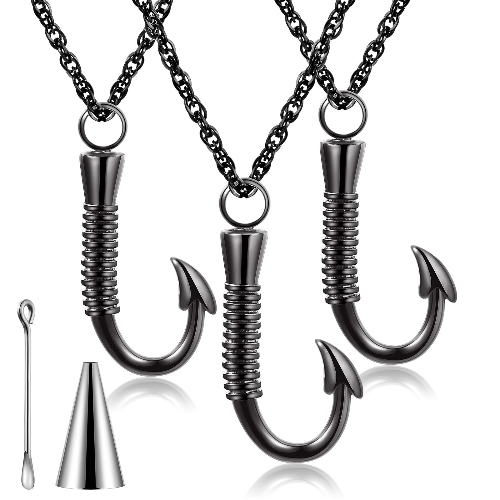 Set of 3 Fishing Hook Urn Necklace for Ashes Black Fish Hook Stainless Steel