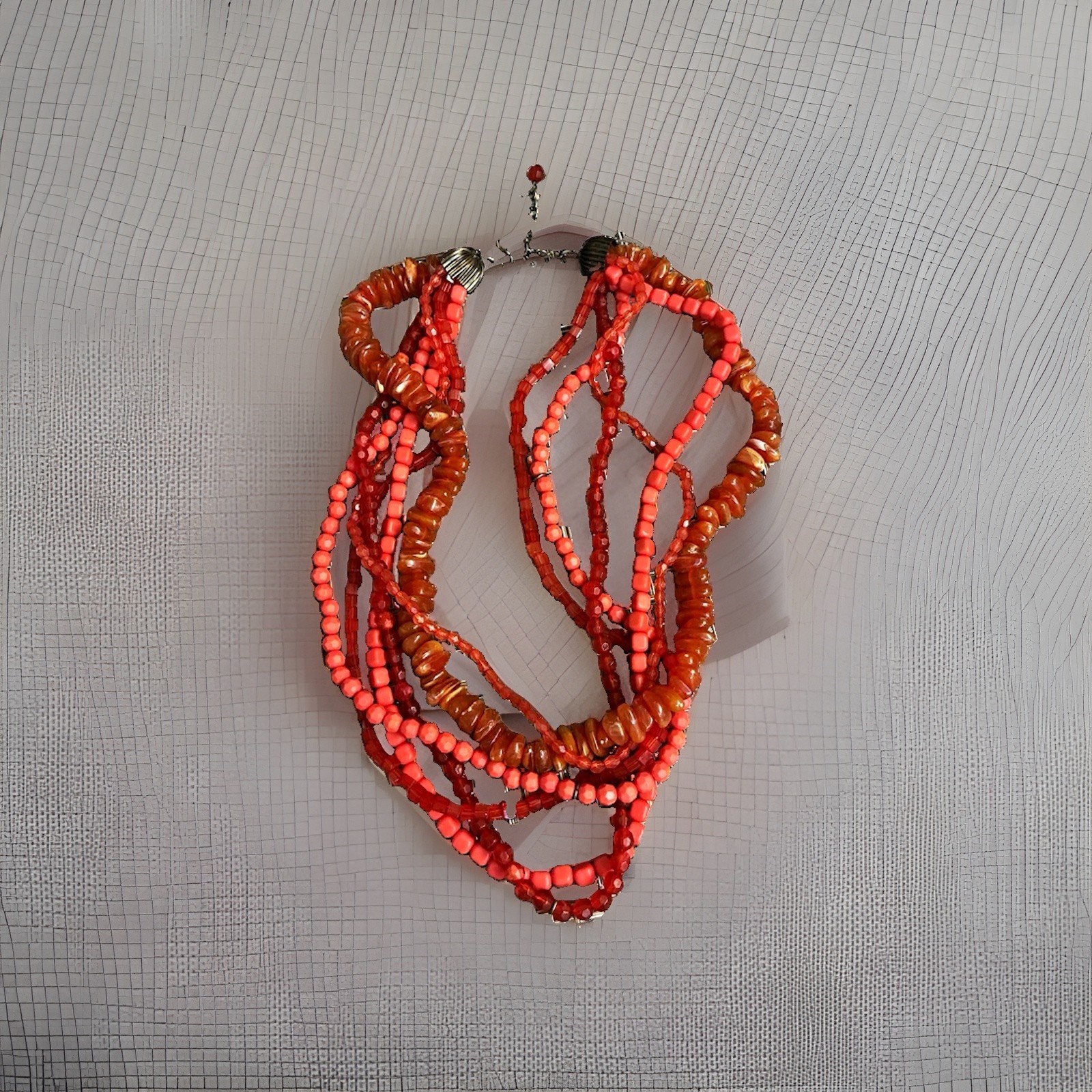 Multi-Strand Beaded Necklace Red & Orange Glass Plastic Bead Chain