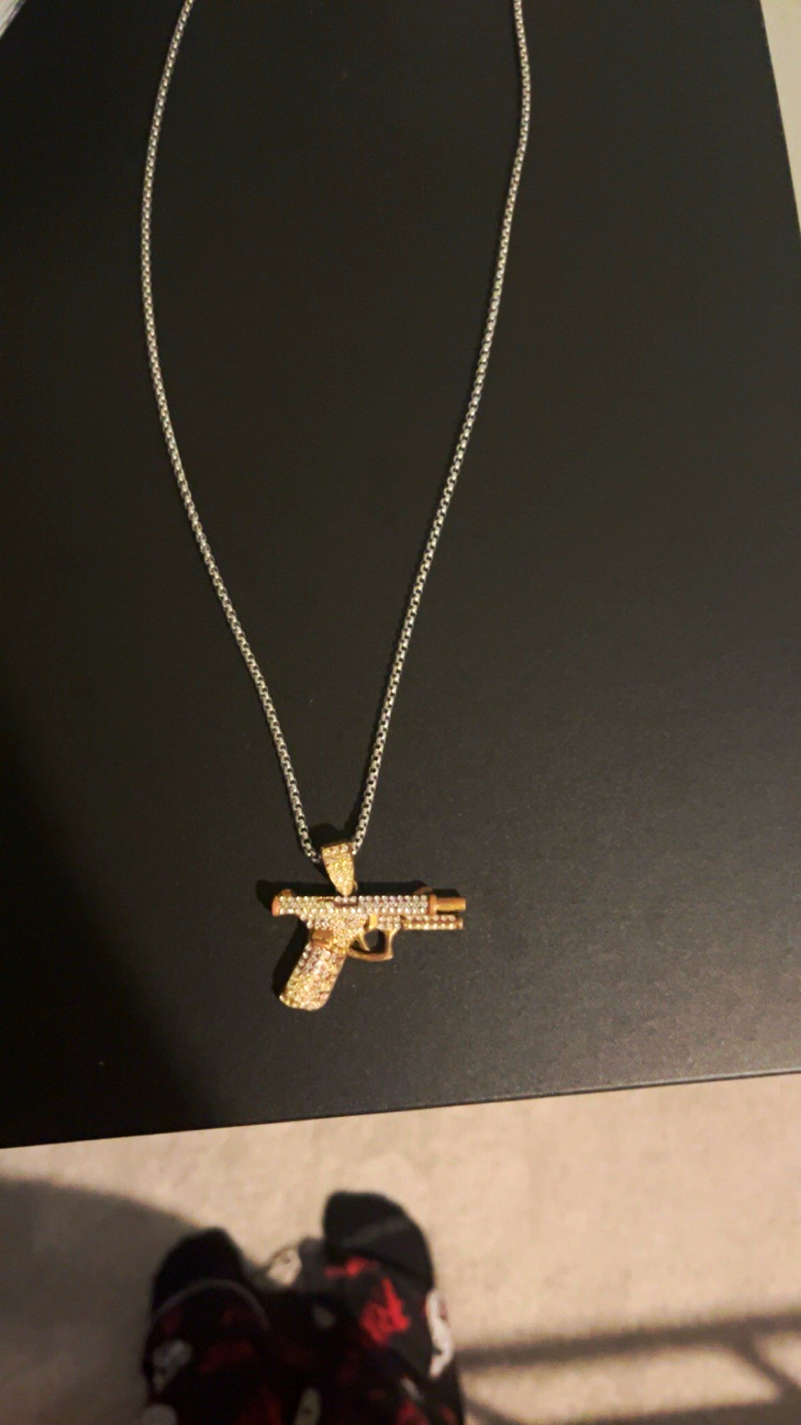 Gold Tone Pavé CZ Gun Charm Pendant Necklace Hip Hop White/Colorless