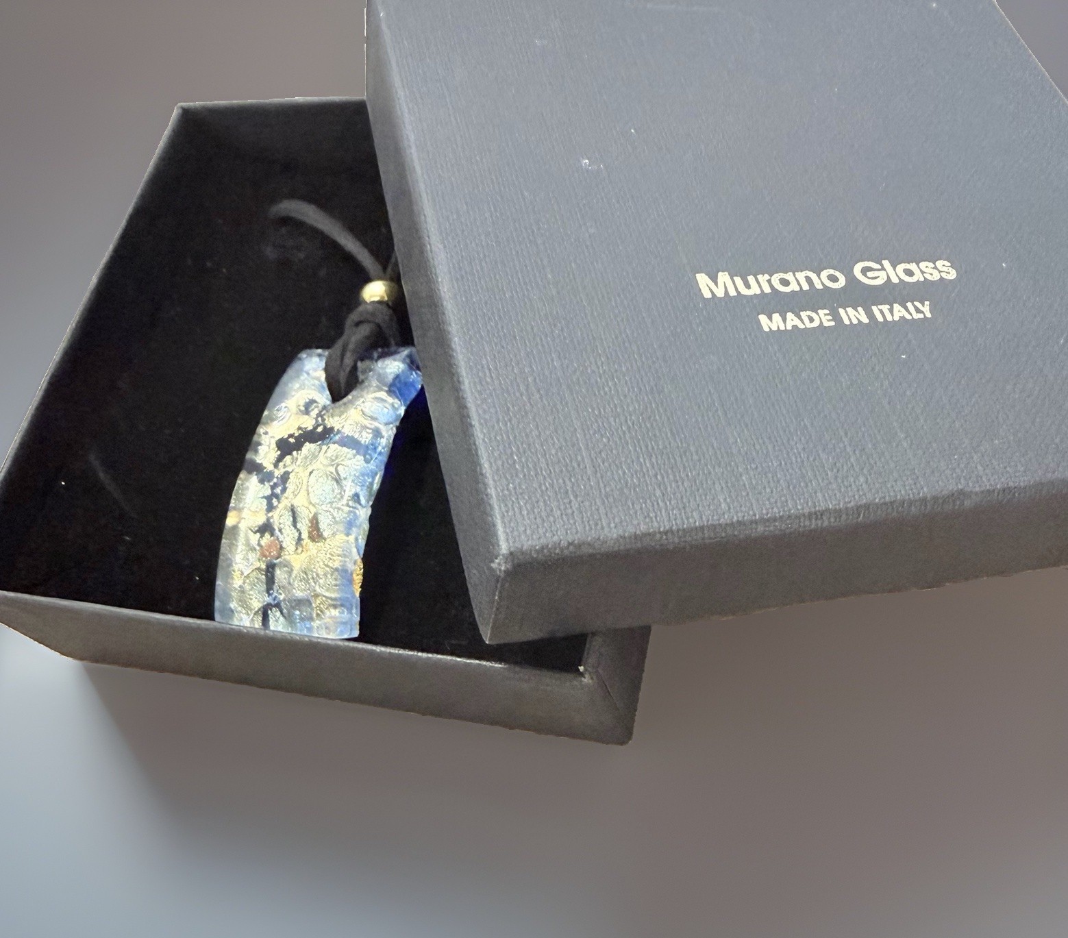 Murano Glass Signed Blue Gold Rectangle Charm Pendant Cord Necklace Italy