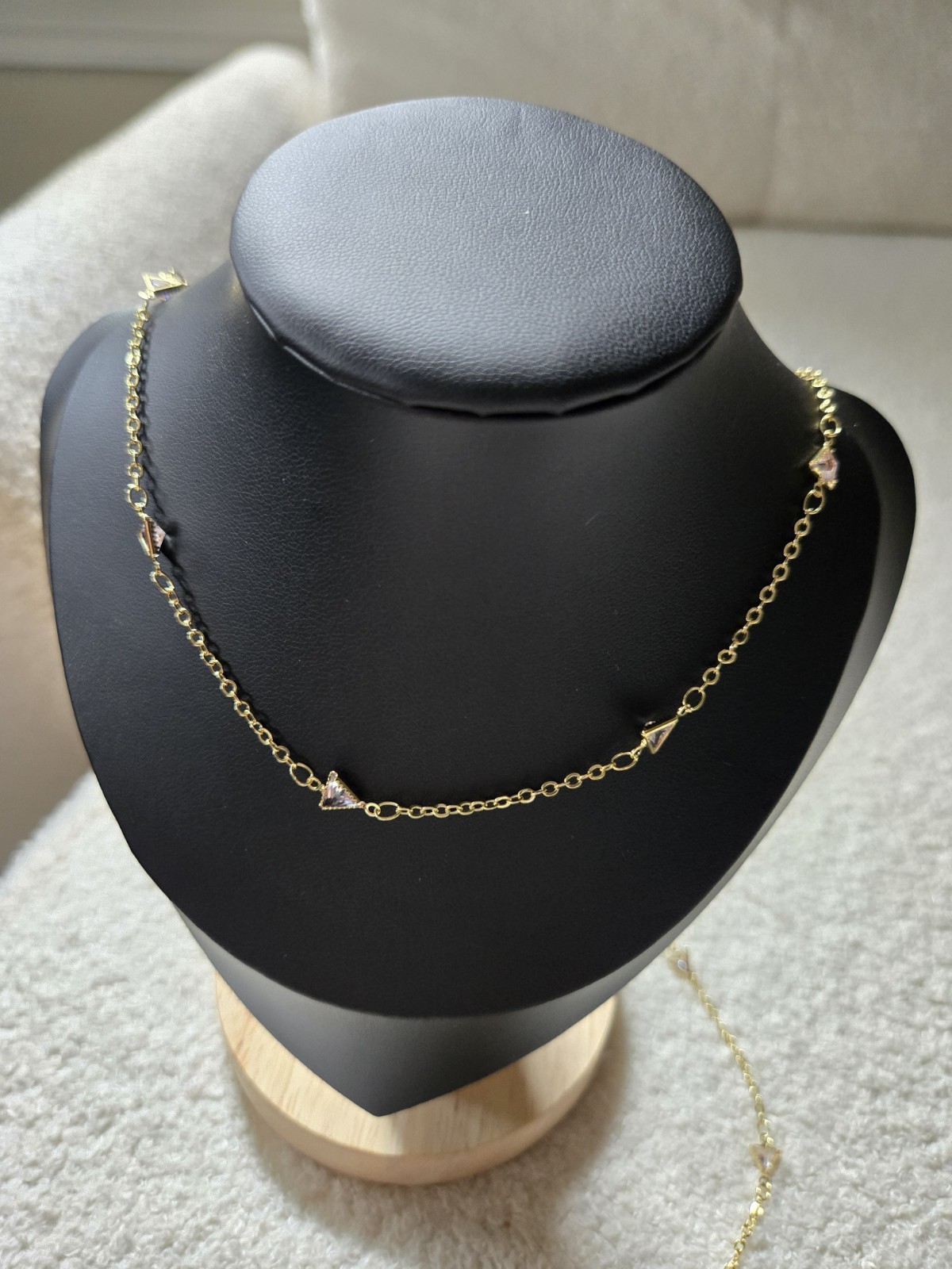 Gold Tone Station Necklace Triangle Bezel CZ 5 Stones Adjustable Cable Chain