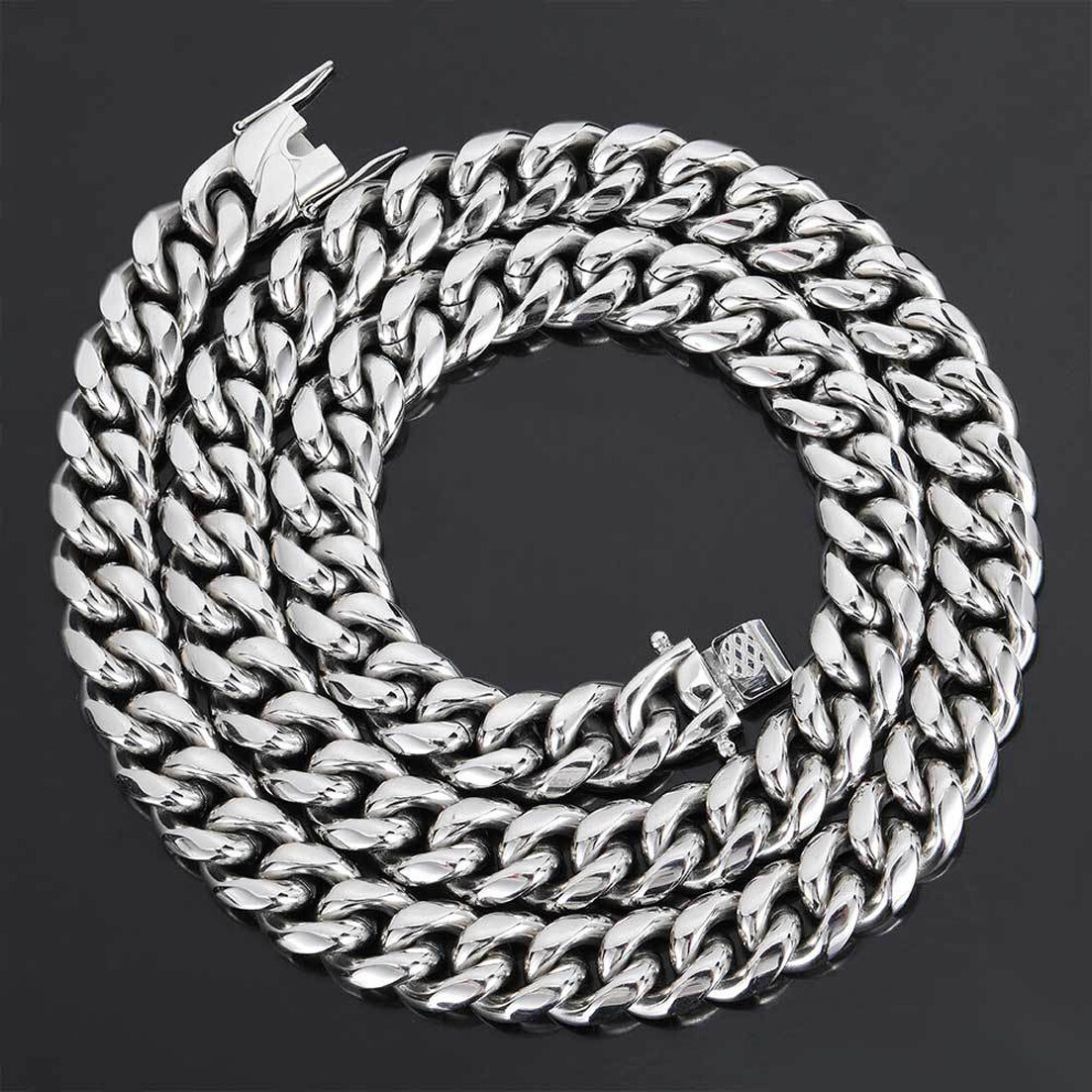 Fashion Mens Miami Cuban Link Bracelet or Chain Necklace Silver Stainless Steel