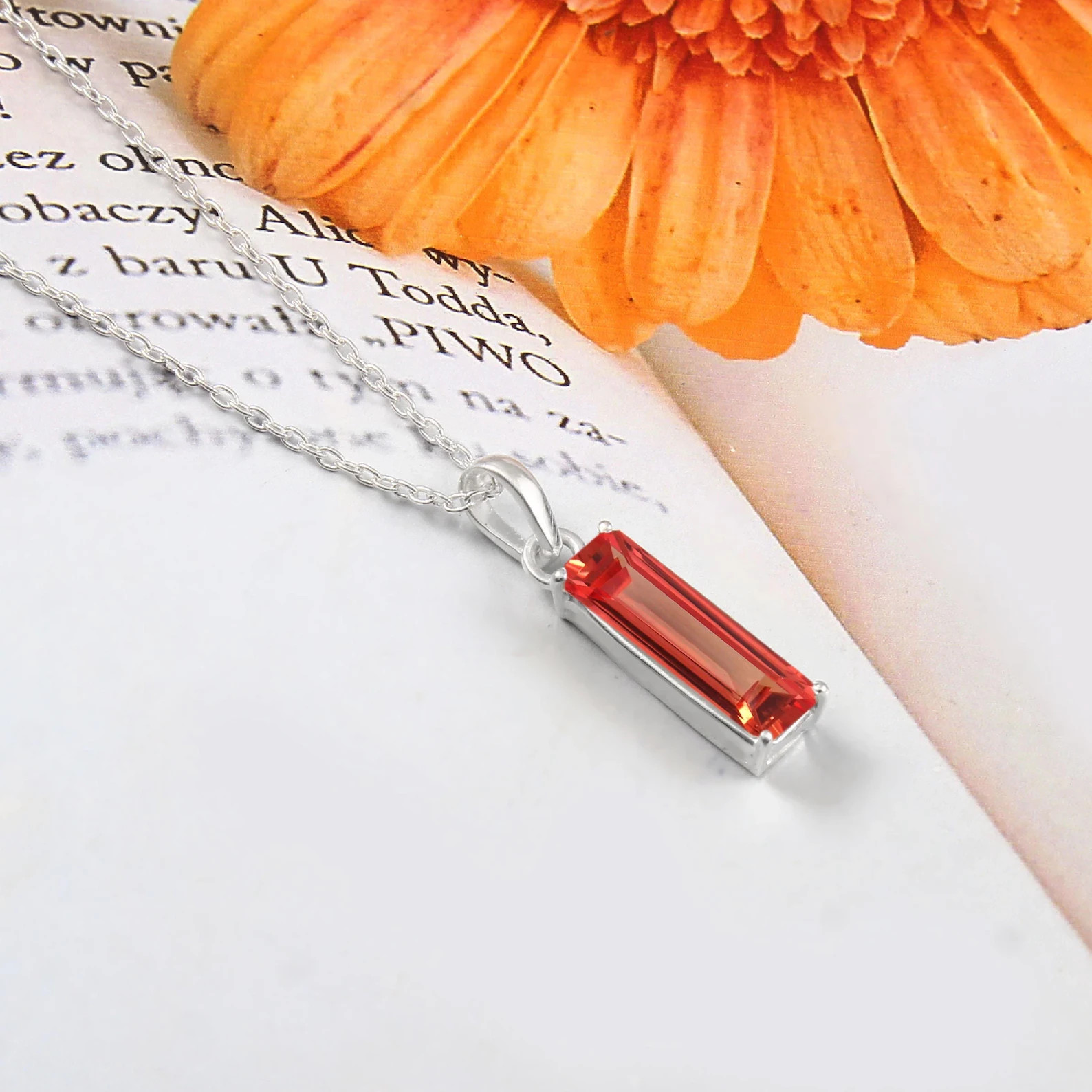 Flawless Ceylon Padparadscha Sapphire Baguette Pendant: Sterling Silver Charm