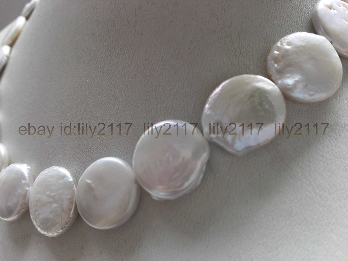 Fashion 18-20mm white coin shape genuine cultured freshwater pearl necklace 18”