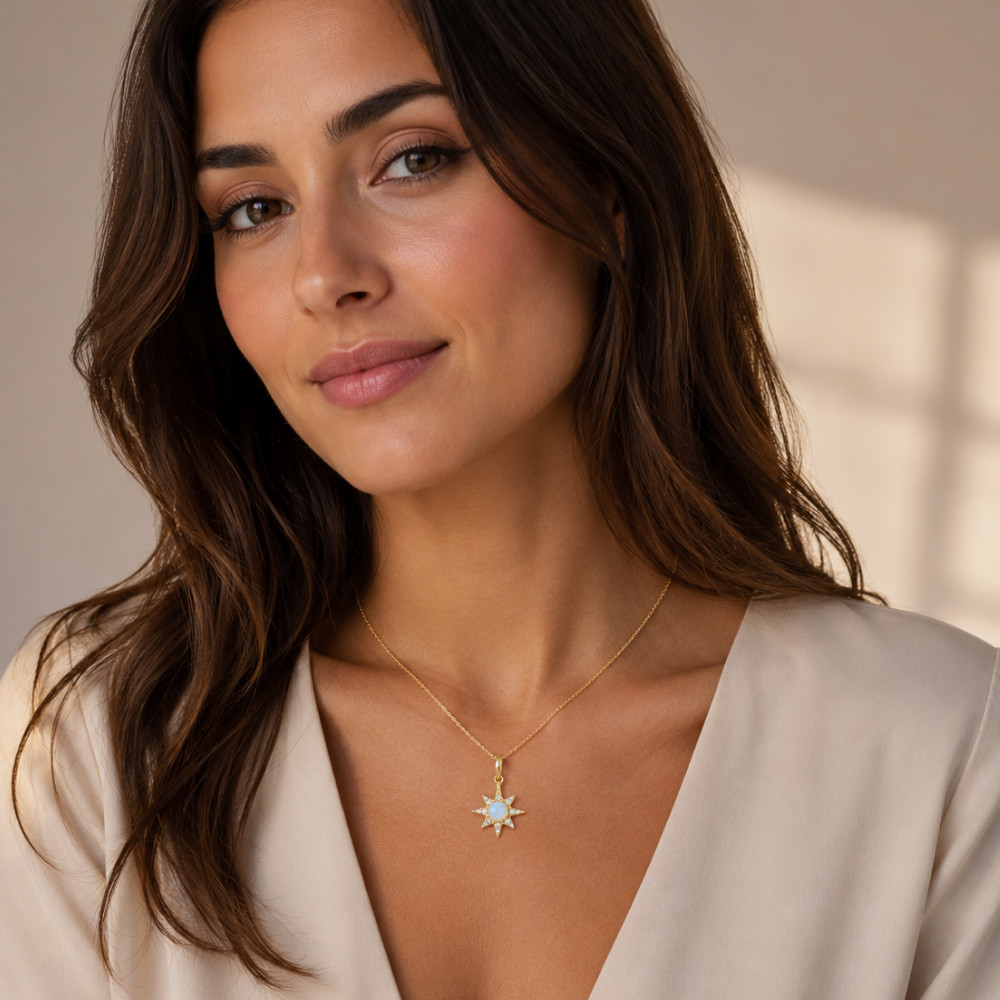 14 Karat Gold Plated CZ Star and Synthetic Opal Necklace