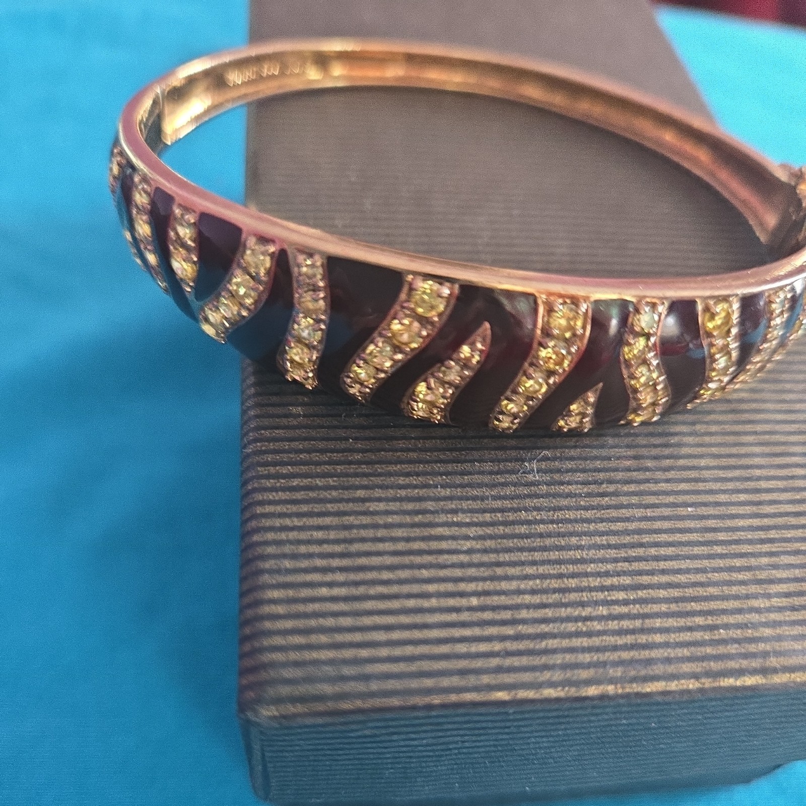 Sterling Silver 925Black Enamel RhinestoneGold Ton Bangle Bracelet Made in China
